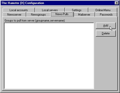 Men&uuml;: File / Configuration / News-Pulls - Add - Liste der angebotenen Newsgruppen holen