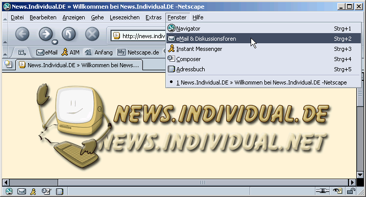 Men&uuml;: Fenster / eMail & Diskussionsforen