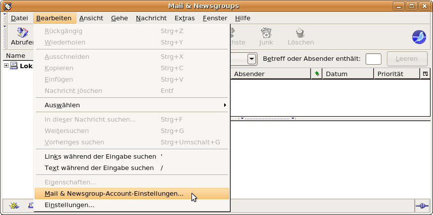 Men&uuml;: Bearbeiten - Mail & Newsgroup-Account-Einstellungen