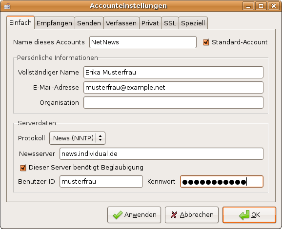 Einstellungen - Pers&ouml;nliche Daten, Serverdaten